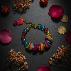 Source Unknown Multicolor Rainbow Beaded Stretch Bracelet with Gold Accents